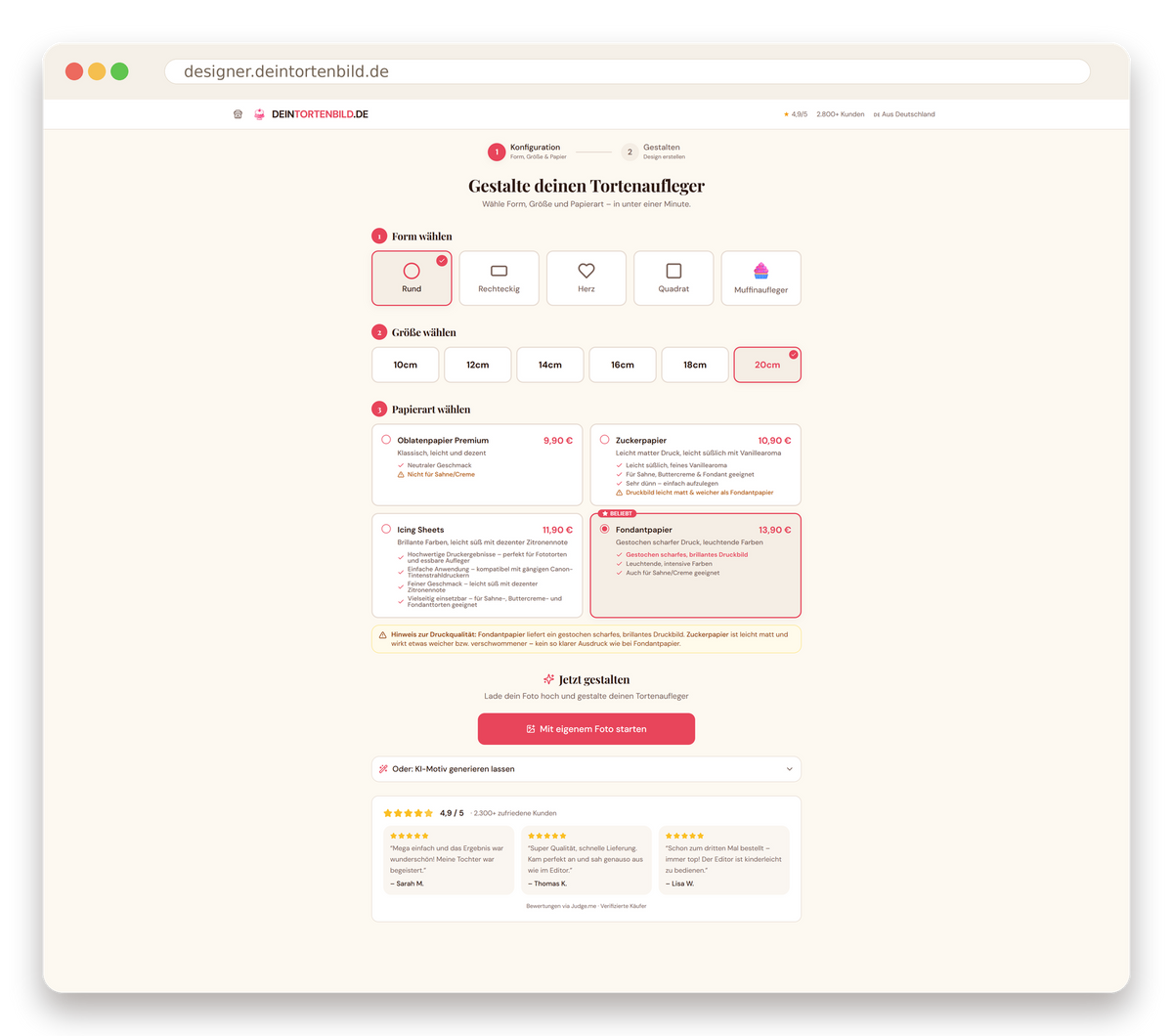 Screenshot: Form, Größe und Papierart im Online-Designer auswählen