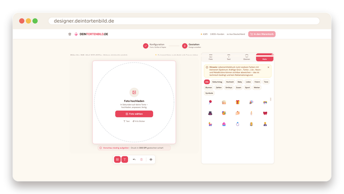Screenshot: Foto im Online-Designer hochladen und Motiv platzieren