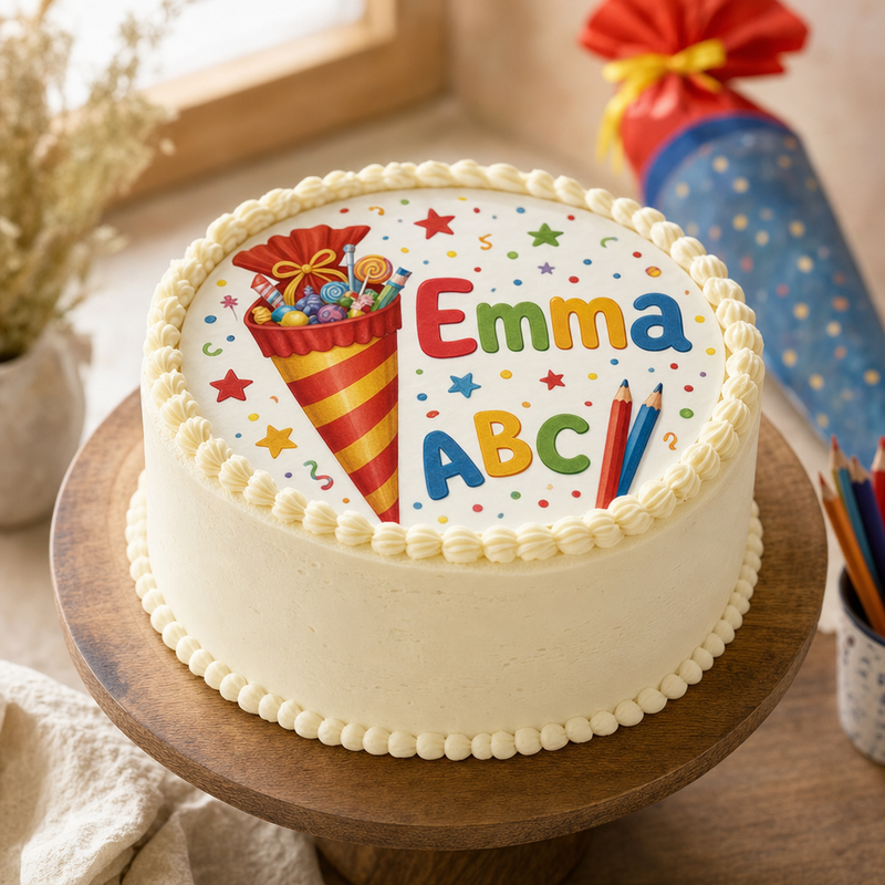 Tortenaufleger zur Einschulung selbst gestalten – Schultüten-Motiv mit Name auf Torte