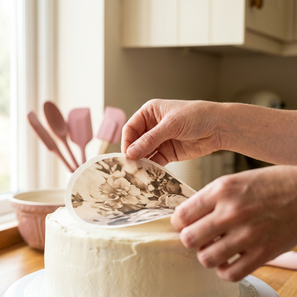 Fertiger essbarer Tortenaufleger wird auf eine Sahnetorte gelegt