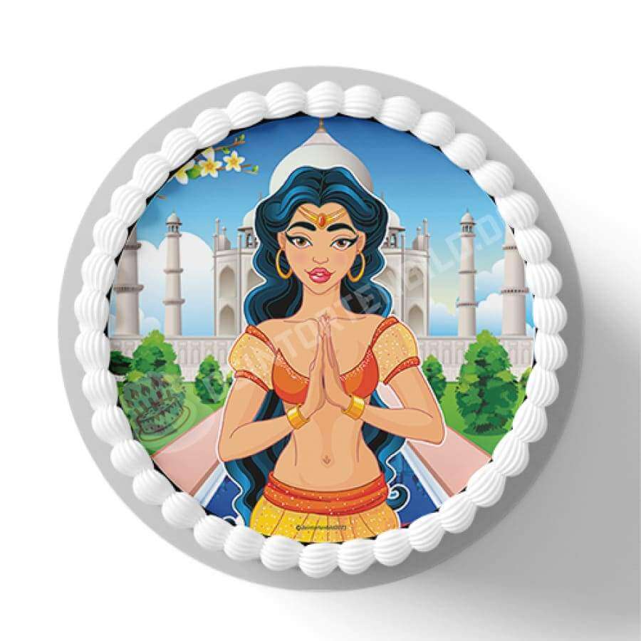Motiv: Indische Prinzessin - Hochwertige und individuelle Tortenaufleger für jeden Anlass
Tortenaufleger Indische Prinzessin in 20cm Kreis
Eine indische Prinzessin vor dem Tempel Taj Mahal oder - Tortenbild - DeintortenbildIndische Prinzessin