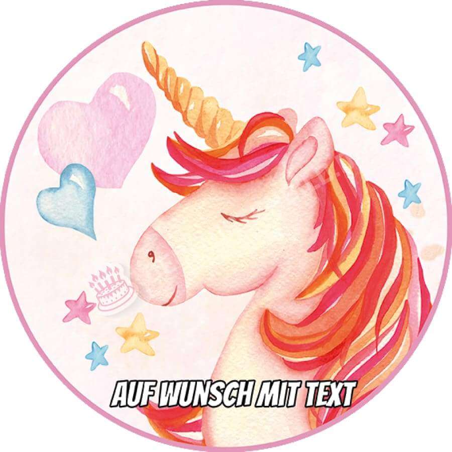 Motiv: Aquarell Einhorn - Hochwertige und individuelle Tortenaufleger für jeden Anlass
Tortenaufleger Aquarell Einhorn in 20cm Kreis
Dieser Tortenaufleger mit einem Einhorn mit rot, orangenen - Tortenbild - DeintortenbildAquarell Einhorn