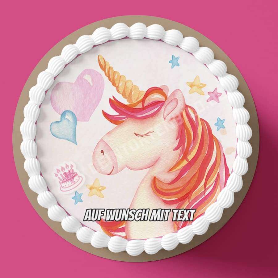 Motiv: Aquarell Einhorn - Hochwertige und individuelle Tortenaufleger für jeden Anlass
Tortenaufleger Aquarell Einhorn in 20cm Kreis
Dieser Tortenaufleger mit einem Einhorn mit rot, orangenen - Tortenbild - DeintortenbildAquarell Einhorn