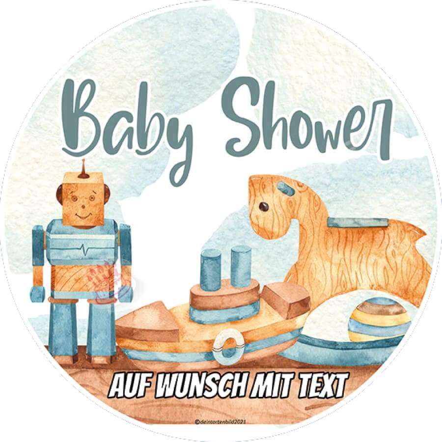 Motiv: Baby Shower - Spielzeug - Hochwertige und individuelle Tortenaufleger für jeden Anlass
Tortenaufleger Baby Shower - Spielzeug in 20cm Kreis
Dieser Tortenaufleger mit Spielzeugen und dem Spruc - Tortenbild - DeintortenbildBaby Shower - Spielzeug