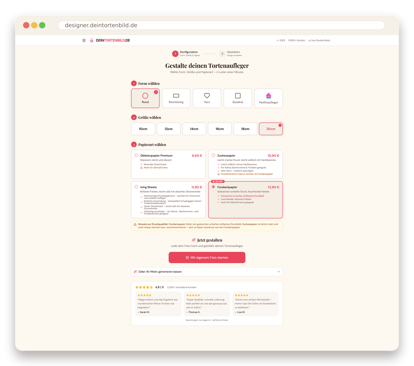 Echter Screenshot: Form, Größe und Papierart im Online-Designer wählen