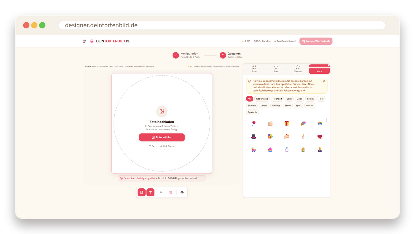 Echter Screenshot: Foto hochladen und Design gestalten im Online-Designer