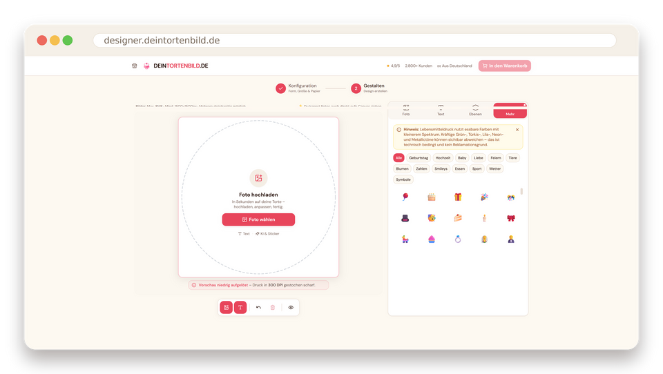 Echter Screenshot des Online-Designers zum Gestalten mit Foto und Wunschtext