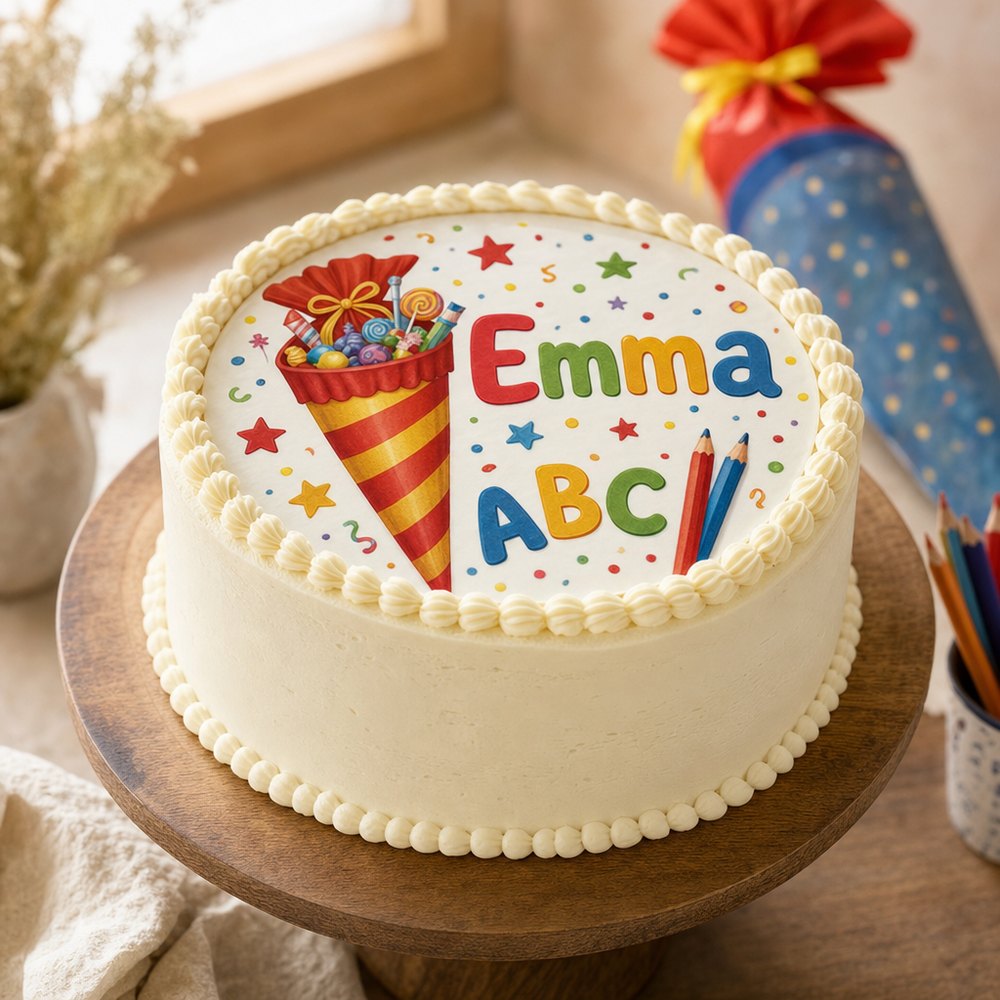Tortenaufleger zur Einschulung selbst gestalten – Schultüten-Motiv mit Name auf Torte