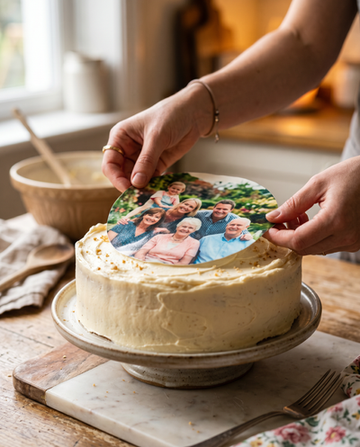 Essbarer Tortenaufleger wird auf eine Sahnetorte angebracht