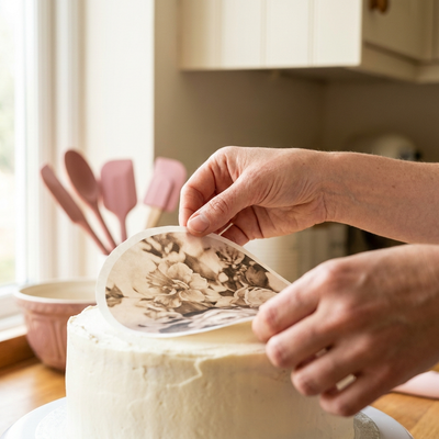 Essbarer Tortenaufleger wird auf eine Sahnetorte angebracht