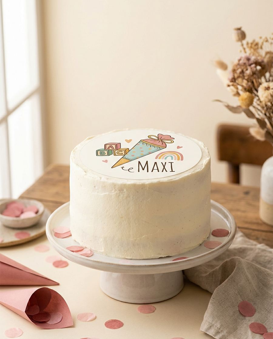 Tortenaufleger zur Einschulung selbst gestalten – Schultüten-Motiv mit Name auf Torte