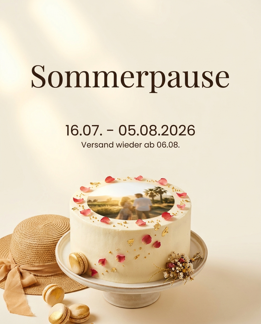 Sommerpause bei Deintortenbild.de – Betriebsurlaub 16.07. bis 05.08.2026, Versand wieder ab 06.08.