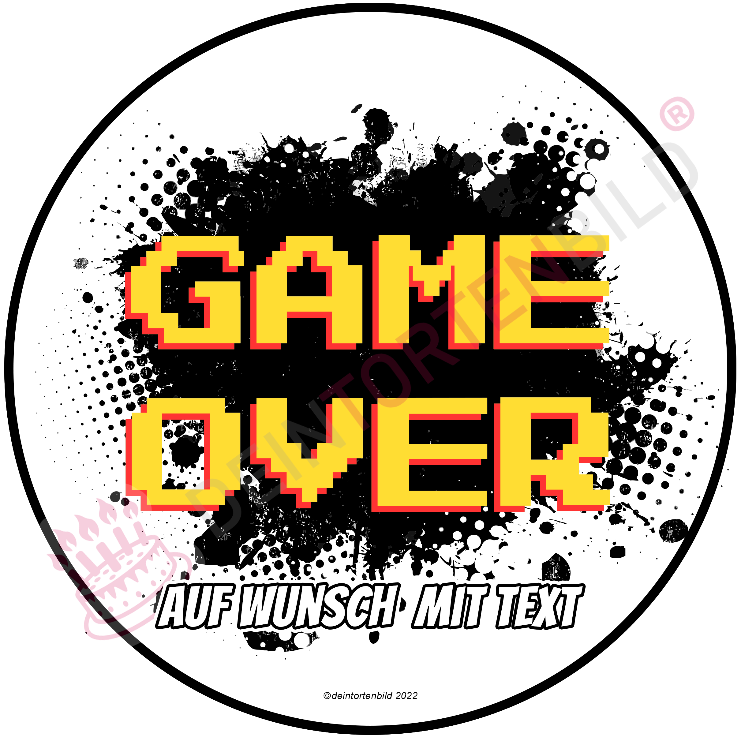 Gaming "GAME OVER" - Deintortenbild.de Tortenaufleger aus Esspapier: Oblatenpapier / Grün, Oblatenpapier / Gelb, Oblatenpapier / Blau, Oblatenpapier / Pink, Oblatenpapier / Rot, Oblatenpapier / Rot/Gelb, Zuckerpapier / Grün, Zuckerpapier / Gelb, Zuckerpapier / Blau, Zuckerpapier / Pink