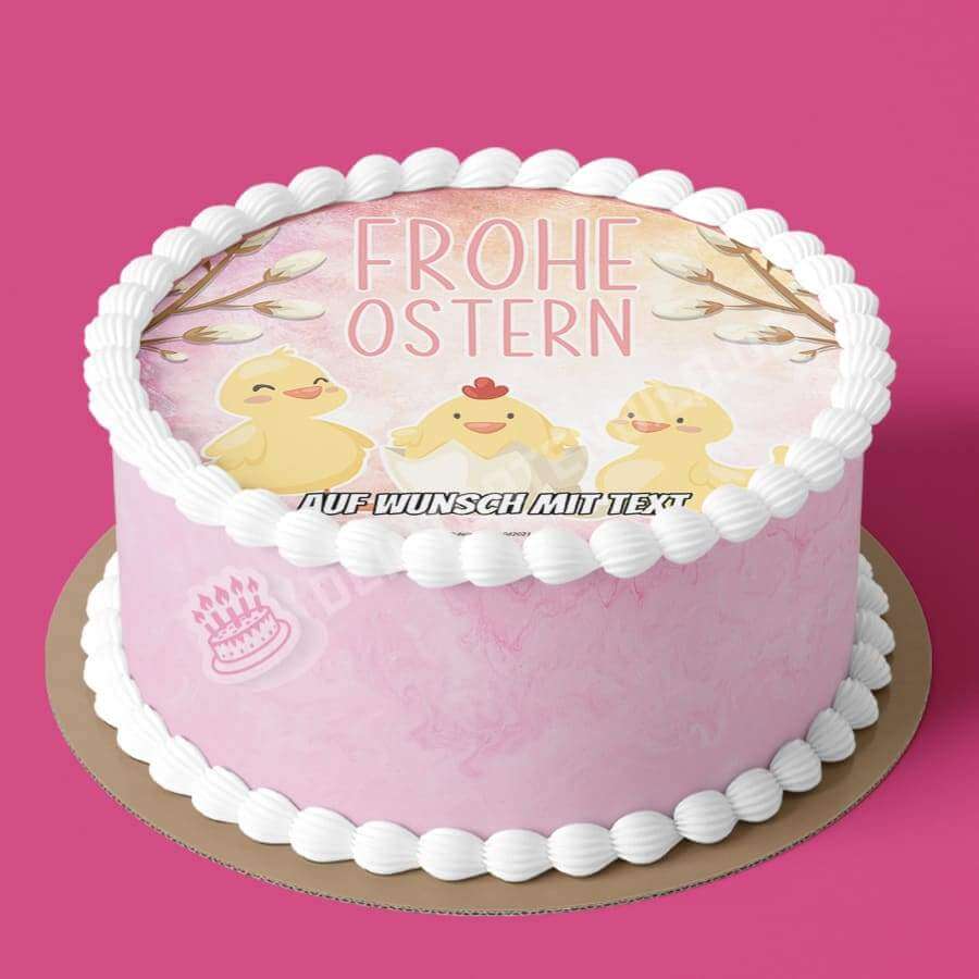 Motiv: Frohe Ostern - Kücken - Hochwertige und individuelle Tortenaufleger für jeden Anlass
Tortenaufleger Frohe Ostern - Kücken 20cm Kreis 
Unsere Tortenaufleger sind ein ideales Geschenk für bes - Tortenbild - DeintortenbildFrohe Ostern -