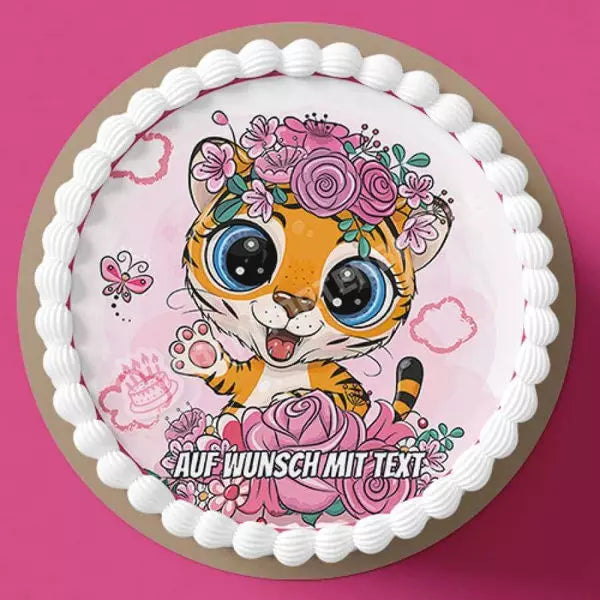 Motiv: Tigerbaby mit Blumen - Hochwertige und individuelle Tortenaufleger für jeden Anlass
Tortenaufleger Tigerbaby mit Blumen in 20cm Kreis 
Unsere Tortenaufleger sind ein ideales Geschenk für b - Tortenbild - DeintortenbildTigerbaby mit Blumen