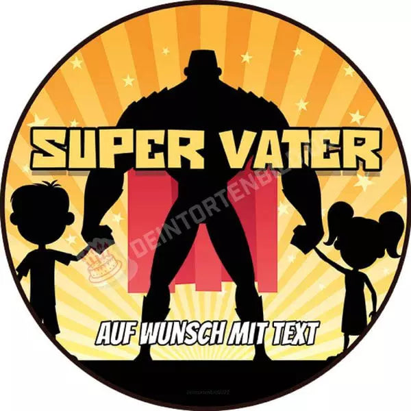 Motiv: Vatertag - Super Vater - Hochwertige und individuelle Tortenaufleger für jeden Anlass
Tortenaufleger Vatertag - Super Vater in 20cm Kreis
Unsere Tortenaufleger sind ein ideales Geschenk für  - Tortenbild - DeintortenbildVatertag - Super Vater