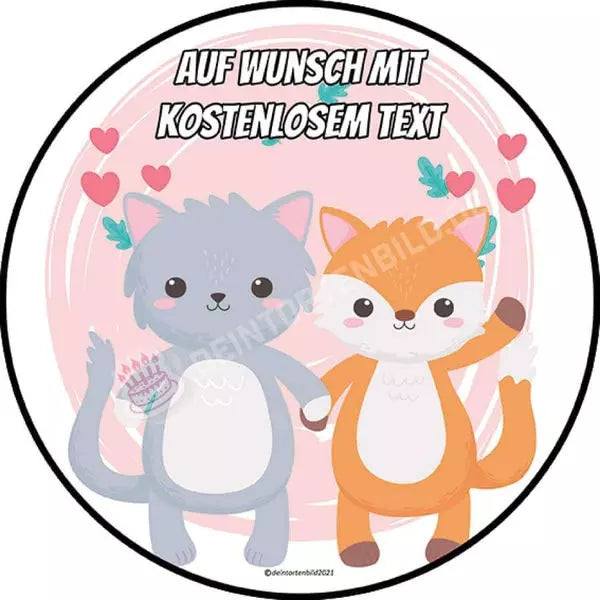 Motiv: Valentinstag - Katze und Fuchs - Hochwertige und individuelle Tortenaufleger für jeden Anlass
Tortenaufleger Valentinstag - Katze und Fuchs in 20cm Kreis 
Unsere Tortenaufleger sind ein ideales Gesc - Tortenbild - DeintortenbildValentinstag - Katze und Fuchs