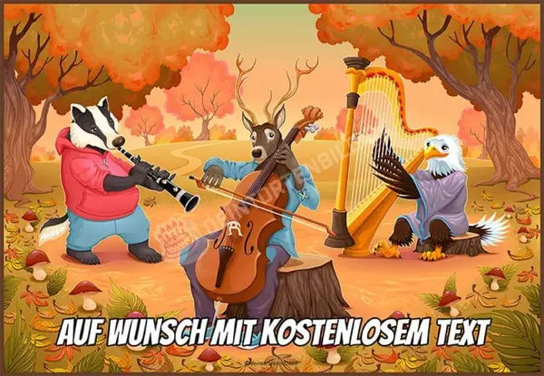 Rechteck Motiv: Tierkonzert im Wald - Hochwertige und individuelle Tortenaufleger für jeden Anlass
Tortenaufleger Tierkonzert im Wald in 26cm x 18cm Rechteck
Unsere Tortenaufleger sind ein ideales Gesche - A4 Tortenbild - DeintortenbildTierkonzert im Wald