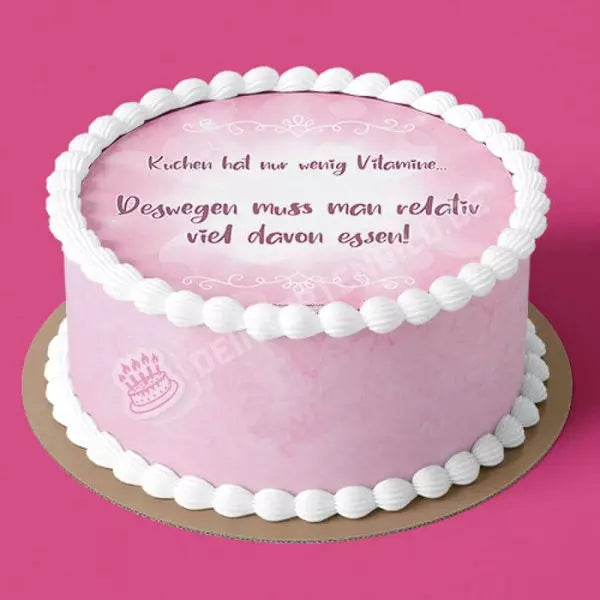 Motiv: Spruch - Kuchen hat nur wenig Vitamine...deswegen muss man relativ viel davon essen! - Deintortenbild.de Tortenaufleger aus Esspapier: Oblatenpapier / Version 1, Oblatenpapier / Version 2, Oblatenpapier / Version 3, Oblatenpapier / Version 4, Zuckerpapier / Version 1, Zuckerpapier / Version 2, Zuckerpapier / Version 3, Zuckerpapier / Version 4, Fondantpapier / Version 1, Fondantpapier / Version 2