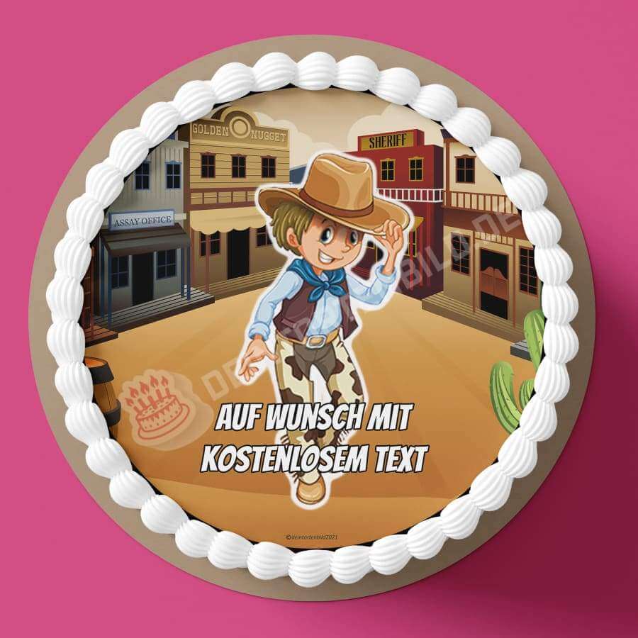 Motiv: Cartoon Cowboy stehendHochwertige und individuelle Tortenaufleger für jeden Anlass
Tortenaufleger Cartoon Cowboy stehend in 20cm Kreis 
Unsere Tortenaufleger sind ein ideales Geschenk fürTortenbildDeintortenbildCartoon Cowboy stehend