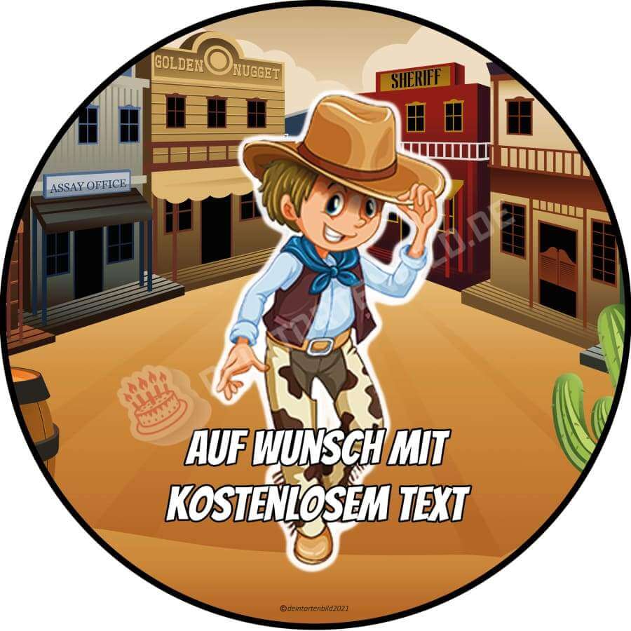 Motiv: Cartoon Cowboy stehendHochwertige und individuelle Tortenaufleger für jeden Anlass
Tortenaufleger Cartoon Cowboy stehend in 20cm Kreis 
Unsere Tortenaufleger sind ein ideales Geschenk fürTortenbildDeintortenbildCartoon Cowboy stehend