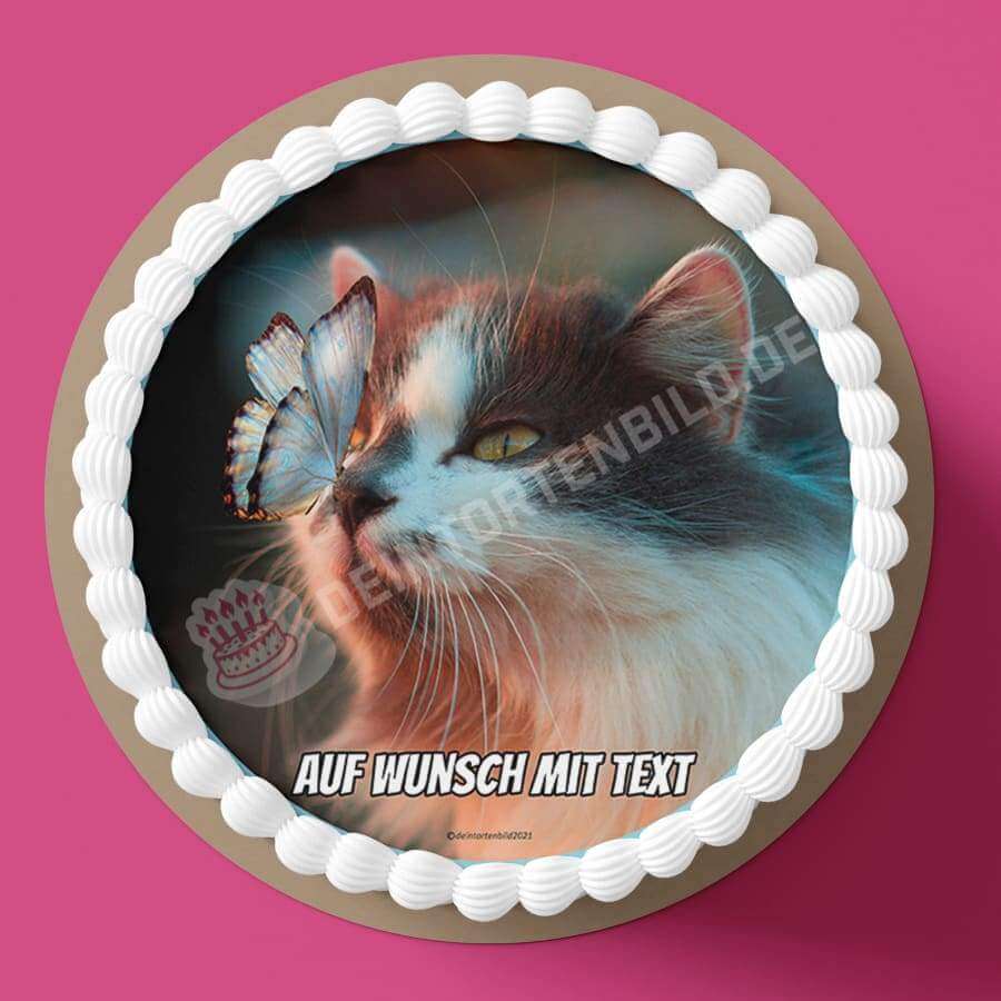 Motiv: Katze mit Schmetterling - Hochwertige und individuelle Tortenaufleger für jeden Anlass
Tortenaufleger Katze mit Schmetterling 20cm Kreis 
Unsere Tortenaufleger sind ein ideales Geschenk für b - Tortenbild - DeintortenbildKatze mit Schmetterling