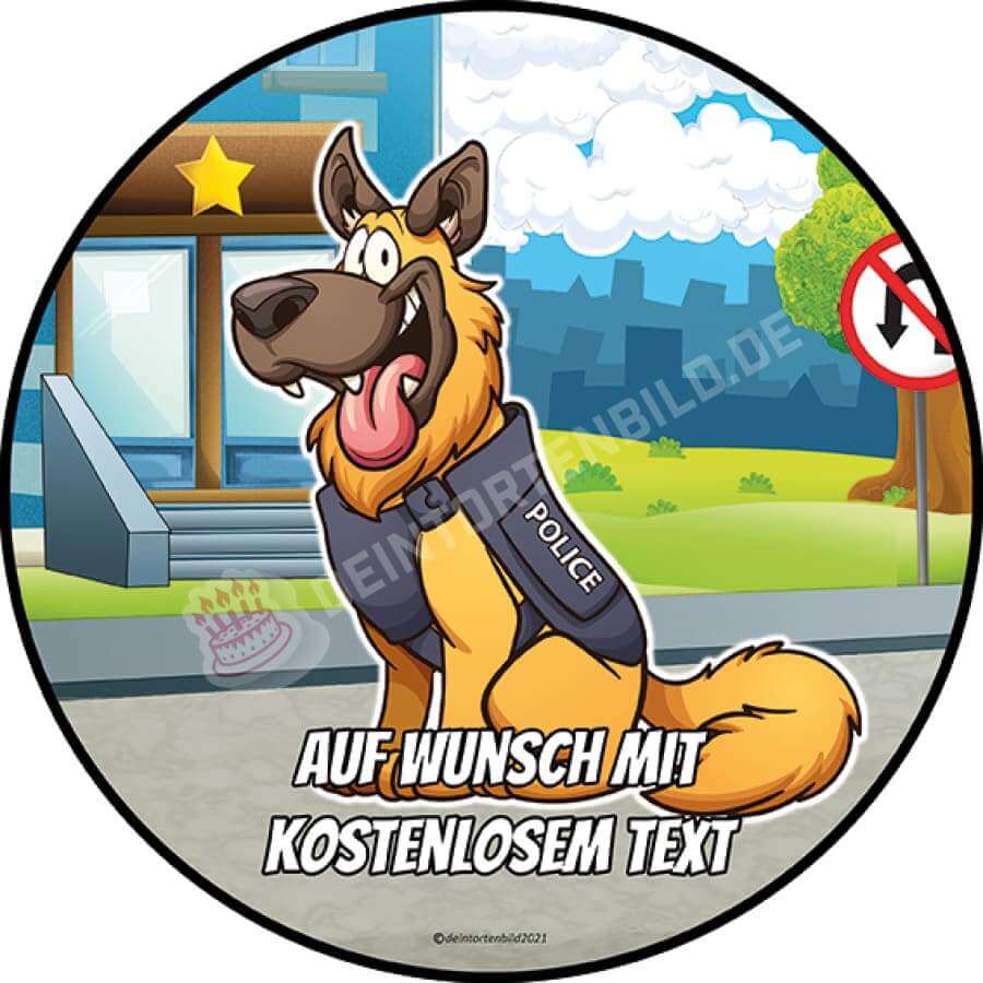 Motiv: Cartoon Polizeihund - Hochwertige und individuelle Tortenaufleger für jeden Anlass
Tortenaufleger Cartoon Polizeihund in 20cm Kreis 
Unsere Tortenaufleger sind ein ideales Geschenk für be - Tortenbild - DeintortenbildCartoon Polizeihund