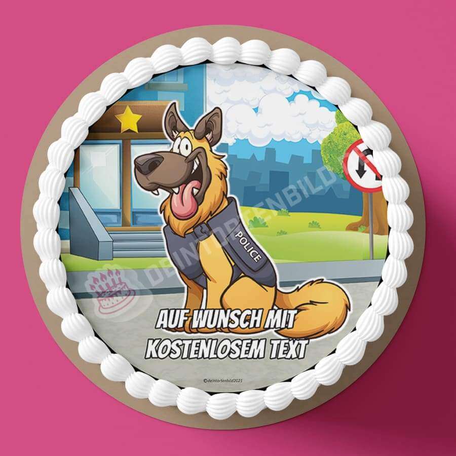 Motiv: Cartoon Polizeihund - Hochwertige und individuelle Tortenaufleger für jeden Anlass
Tortenaufleger Cartoon Polizeihund in 20cm Kreis 
Unsere Tortenaufleger sind ein ideales Geschenk für be - Tortenbild - DeintortenbildCartoon Polizeihund