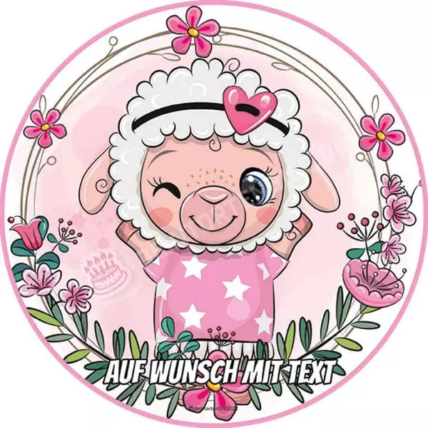 Motiv: Schaf in Rosa mit Blumen - Hochwertige und individuelle Tortenaufleger für jeden Anlass
Tortenaufleger Schaf rosa mit Blumen 20cm Kreis 
Unsere Tortenaufleger sind ein ideales Geschenk für bes - Tortenbild - DeintortenbildRosa mit Blumen