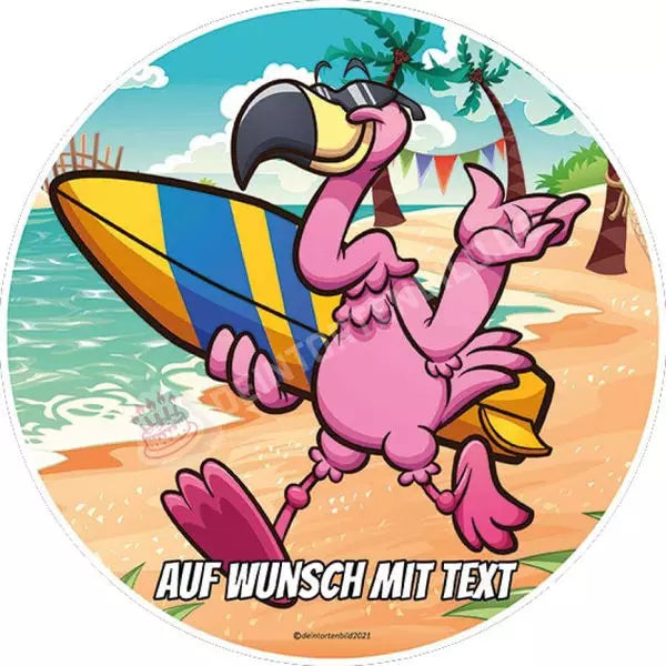 Motiv: Surfer Flamingo - Hochwertige und individuelle Tortenaufleger für jeden Anlass
Tortenaufleger Surfer Flamingo am Strand 20cm Kreis 
Unsere Tortenaufleger sind ein ideales Geschenk für - Tortenbild - DeintortenbildSurfer Flamingo