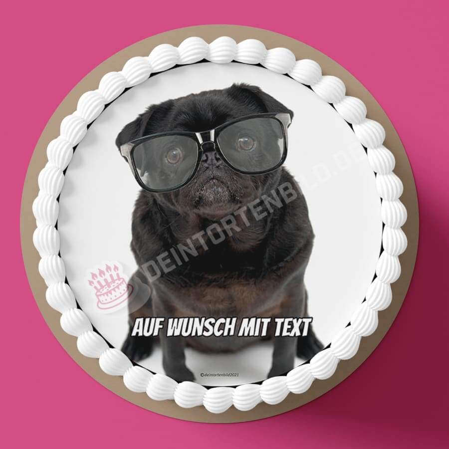 Motiv: Mops mit Brille - Hochwertige und individuelle Tortenaufleger für jeden Anlass
Tortenaufleger Mops mit Brille in 20cm Kreis 
Unsere Tortenaufleger sind ein ideales Geschenk für besond - Tortenbild - DeintortenbildMops mit Brille