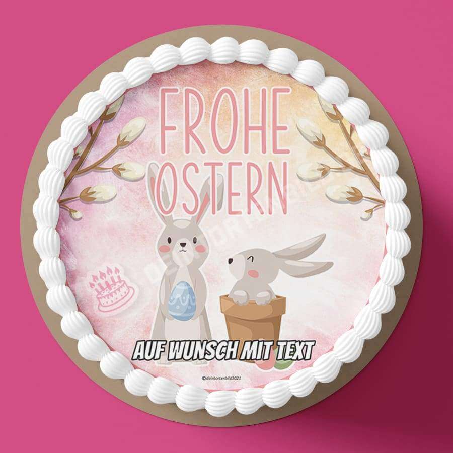 Motiv: Frohe Ostern - Zwei Osterhasen - Hochwertige und individuelle Tortenaufleger für jeden Anlass
Tortenaufleger Frohe Ostern - Zwei Osterhasen 20cm Kreis 
Unsere Tortenaufleger sind ein ideales Geschen - Tortenbild - DeintortenbildFrohe Ostern - Zwei Osterhasen