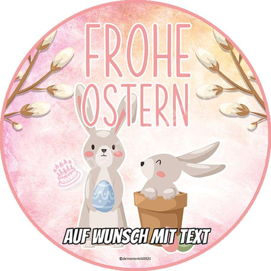 Motiv: Frohe Ostern - Zwei Osterhasen - Hochwertige und individuelle Tortenaufleger für jeden Anlass
Tortenaufleger Frohe Ostern - Zwei Osterhasen 20cm Kreis 
Unsere Tortenaufleger sind ein ideales Geschen - Tortenbild - DeintortenbildFrohe Ostern - Zwei Osterhasen