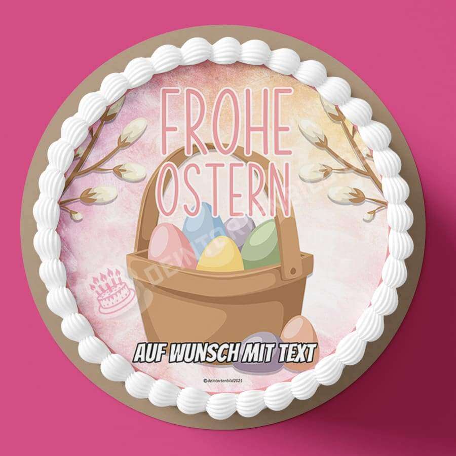 Motiv: Frohe Ostern - Osterkorb - Hochwertige und individuelle Tortenaufleger für jeden Anlass
Tortenaufleger Frohe Ostern - Osterkorb 20cm Kreis 
Unsere Tortenaufleger sind ein ideales Geschenk für  - Tortenbild - DeintortenbildFrohe Ostern - Osterkorb