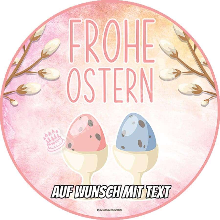 Motiv: Frohe Ostern - Zwei Ostereier - Hochwertige und individuelle Tortenaufleger für jeden Anlass
Tortenaufleger Frohe Ostern - Zwei Ostereier 20cm Kreis 
Unsere Tortenaufleger sind ein ideales Geschenk - Tortenbild - DeintortenbildFrohe Ostern - Zwei Ostereier