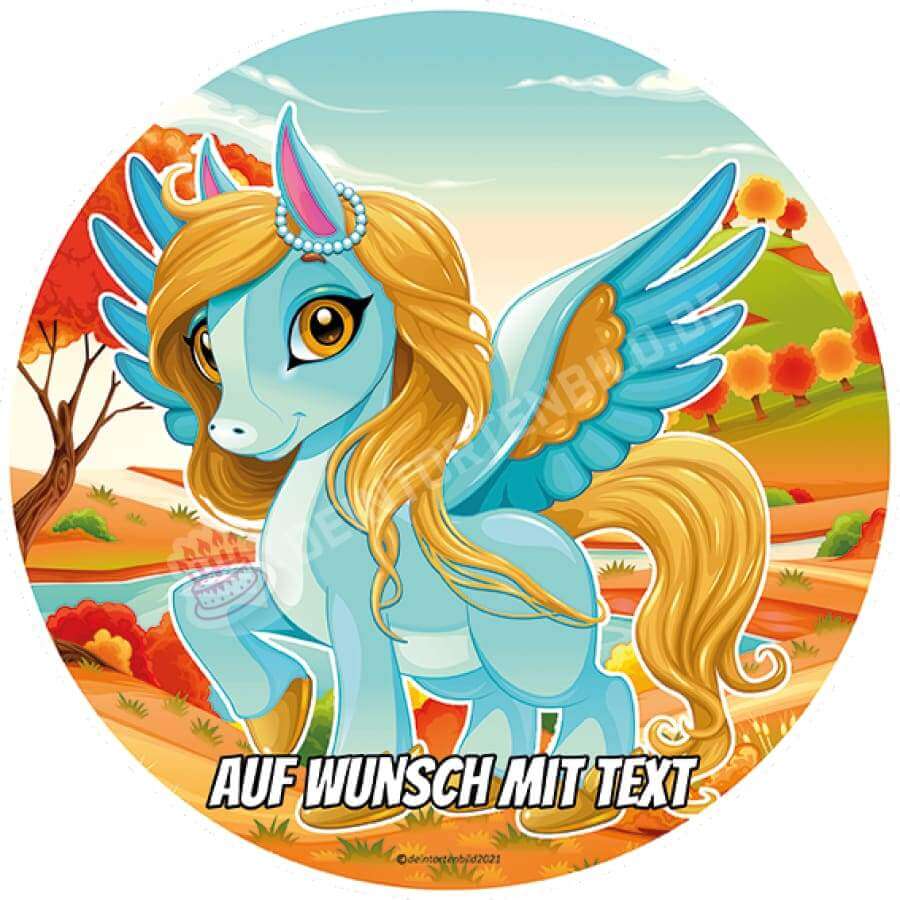 Motiv: Märchenpegasus Gold-Blau - Deintortenbild.de Tortenaufleger aus Esspapier: Oblatenpapier / Einfarbig, Oblatenpapier / Herbstlich, Oblatenpapier / Berge, Oblatenpapier / Rosa Baum, Zuckerpapier / Einfarbig, Zuckerpapier / Herbstlich, Zuckerpapier / Berge, Zuckerpapier / Rosa Baum, Fondantpapier / Einfarbig, Fondantpapier / Herbstlich