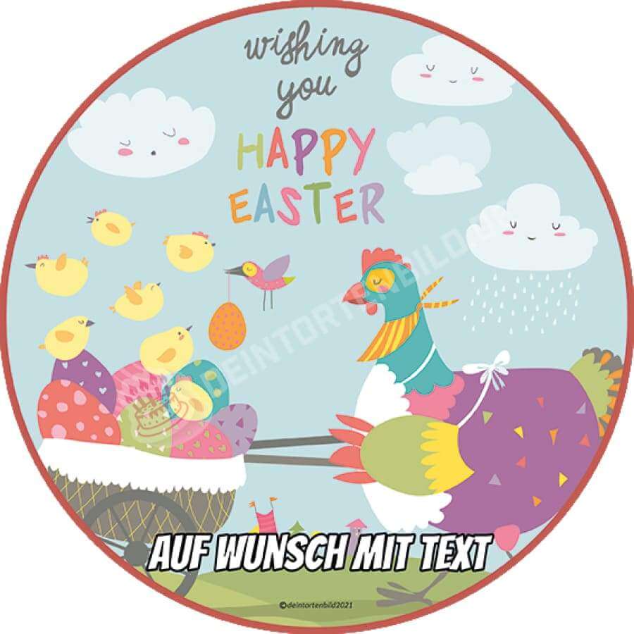 Motiv: Happy Easter - Huhn liefern Ostereier - Hochwertige und individuelle Tortenaufleger für jeden Anlass
Tortenaufleger Happy Easter - Huhn liefert Ostereier 20cm Kreis 
Unsere Tortenaufleger sind ein ideales  - Tortenbild - DeintortenbildHappy Easter - Huhn liefern Ostereier