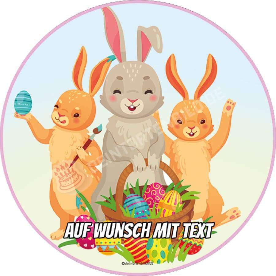 Motiv: Ostern - Drei Osterhasen - Hochwertige und individuelle Tortenaufleger für jeden Anlass
Tortenaufleger Ostern - Drei Osterhasen 20cm Kreis 
Unsere Tortenaufleger sind ein ideales Geschenk für  - Tortenbild - DeintortenbildOstern - Drei Osterhasen