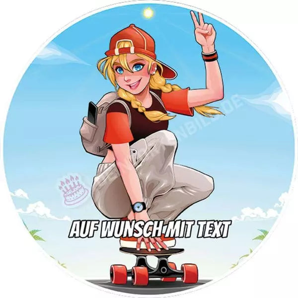 Motiv: Skater Girl - Hochwertige und individuelle Tortenaufleger für jeden Anlass
Tortenaufleger Skater Girl in 20cm Kreis 
Unsere Tortenaufleger sind ein ideales Geschenk für besondere  - Tortenbild - DeintortenbildSkater Girl