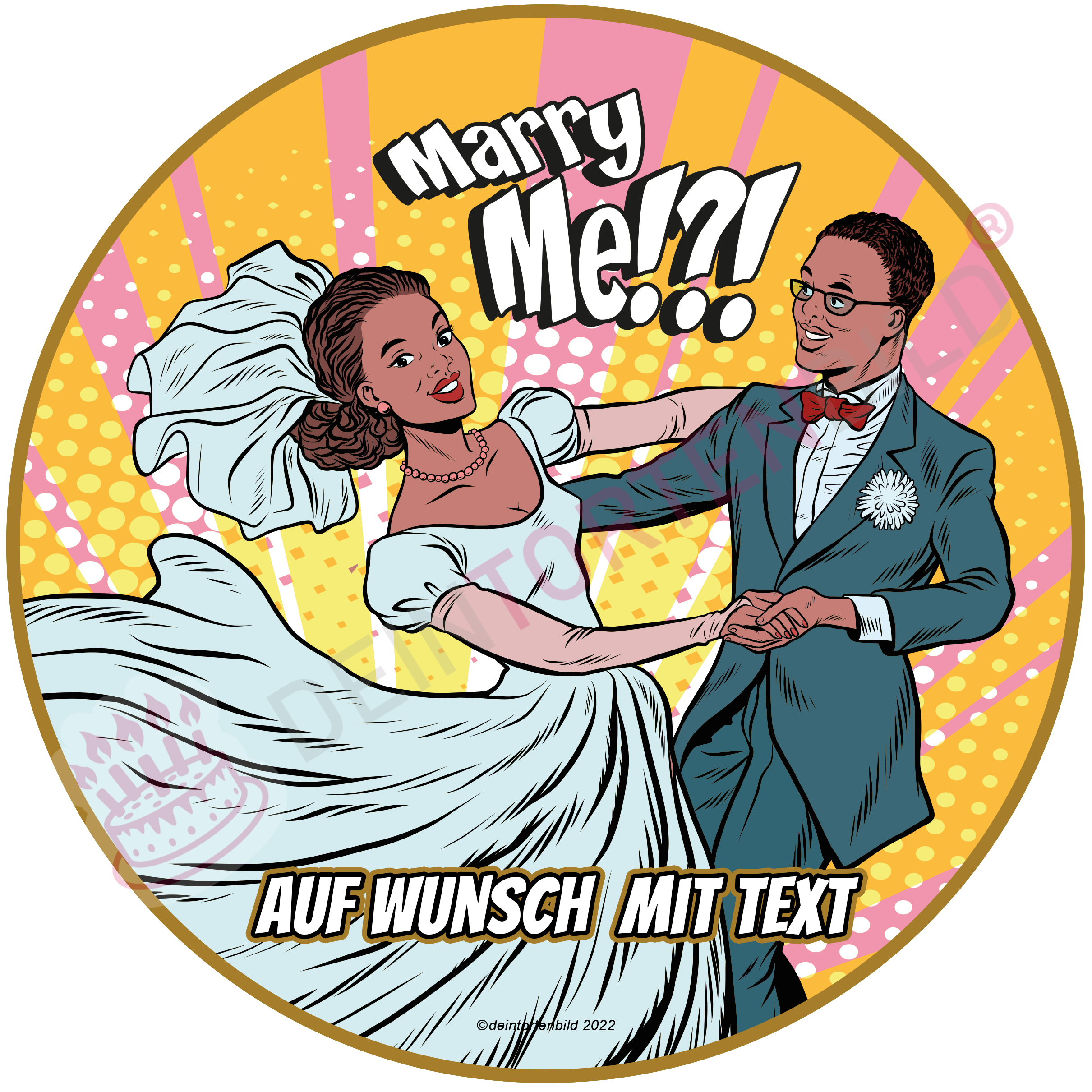 Hochzeit Pop Art Ehepaar Marry Me/Just Married - Hochwertige und individuelle Tortenaufleger für jeden Anlass
Tortenaufleger Hochzeit - Pop Art Ehepaar Marry Me/Just Married 20cm Kreis 
Diese Tortenaufleger im Comi - Tortenbild - DeintortenbildHochzeit Pop Art Ehepaar Marry