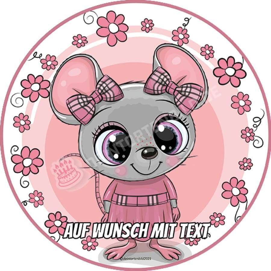 Motiv: Maus Rosa mit Blumen - Hochwertige und individuelle Tortenaufleger für jeden Anlass
Tortenaufleger Maus Rosa mit Blumen 20cm Kreis 
Unsere Tortenaufleger sind ein ideales Geschenk für beso - Tortenbild - DeintortenbildMaus Rosa mit Blumen