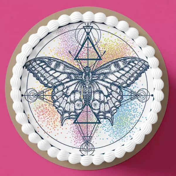 Motiv: Schmetterling mit geometrischen Mustern - Deintortenbild.de Tortenaufleger aus Esspapier: Oblatenpapier, Zuckerpapier, Fondantpapier