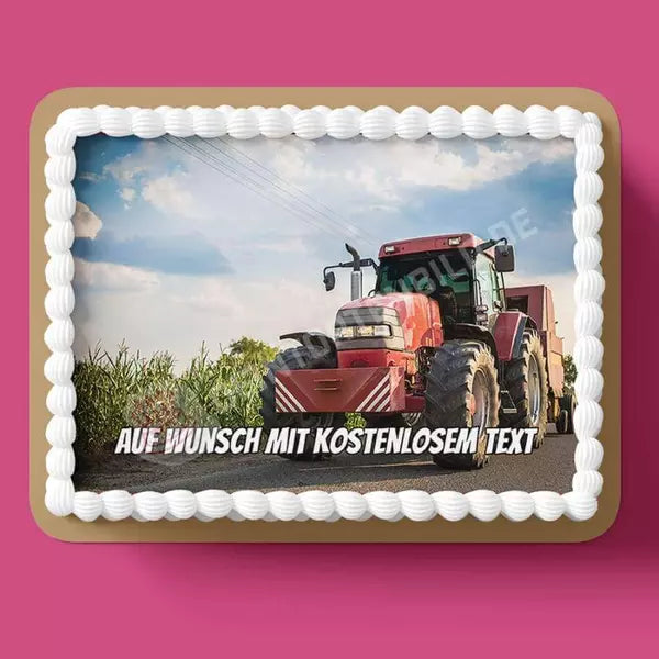 Rechteck Motiv: Roter Traktor neben Feld - Deintortenbild.de Tortenaufleger aus Esspapier: Oblatenpapier, Zuckerpapier, Fondantpapier