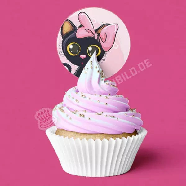 Muffinaufleger Motiv: Schwarze Katze mit rosa Schleifchen - Deintortenbild.de Tortenaufleger aus Esspapier: Oblatenpapier / 15x5cm, Oblatenpapier / 24x4cm, Zuckerpapier / 15x5cm, Zuckerpapier / 24x4cm, Fondantpapier / 15x5cm, Fondantpapier / 24x4cm