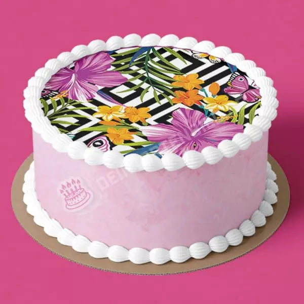 Motiv: Tropische Blumen mit Streifenmuster - Deintortenbild.de Tortenaufleger aus Esspapier: Oblatenpapier, Zuckerpapier, Fondantpapier