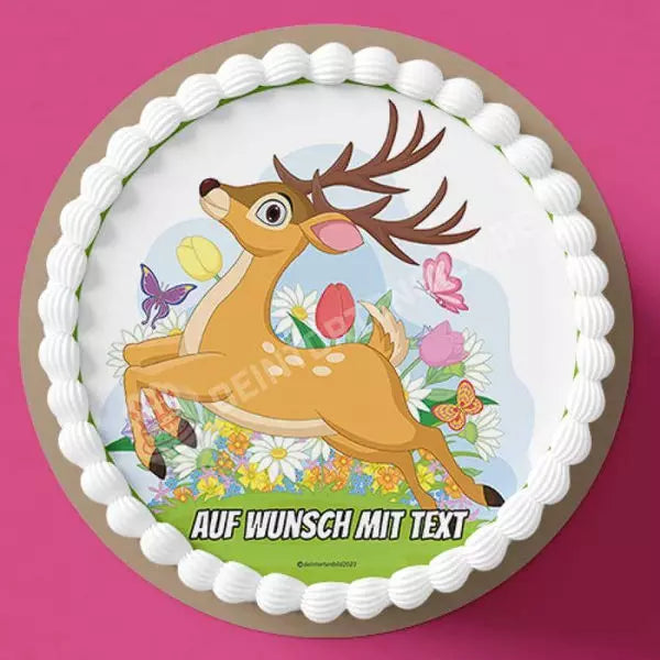 Motiv: Zeichentrick Hirsch auf Blumenwiese - Deintortenbild.de Tortenaufleger aus Esspapier: Oblatenpapier, Zuckerpapier, Fondantpapier