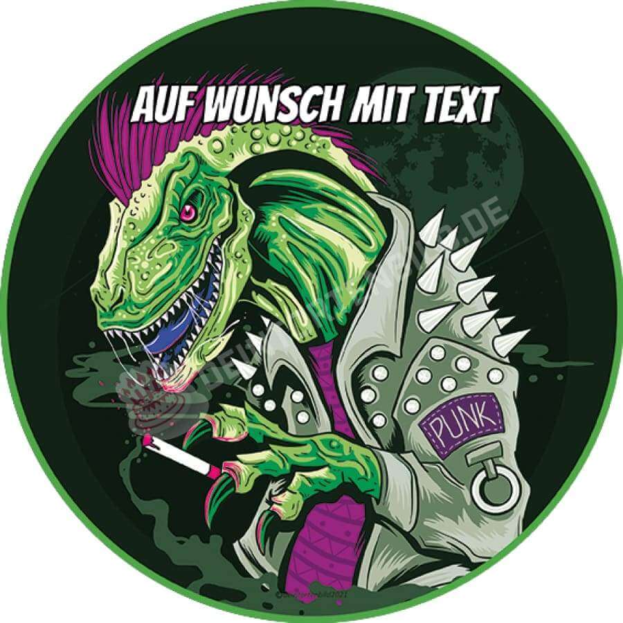 Motiv: Punk Dino - Hochwertige und individuelle Tortenaufleger für jeden Anlass
Tortenaufleger Punk Dino in 20cm Kreis 
Unsere Tortenaufleger sind ein ideales Geschenk für besondere Me - Tortenbild - DeintortenbildPunk Dino