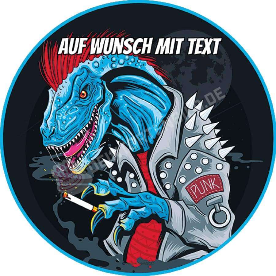 Motiv: Punk Dino - Hochwertige und individuelle Tortenaufleger für jeden Anlass
Tortenaufleger Punk Dino in 20cm Kreis 
Unsere Tortenaufleger sind ein ideales Geschenk für besondere Me - Tortenbild - DeintortenbildPunk Dino