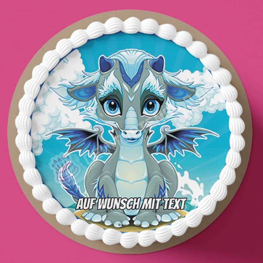 Motiv: Baby Luftdrache - Hochwertige und individuelle Tortenaufleger für jeden Anlass
Tortenaufleger Baby Luftdrache in 20cm Kreis 
Dieser Tortenaufleger mit einem Baby Luftdrache in blau is - Tortenbild - DeintortenbildBaby Luftdrache