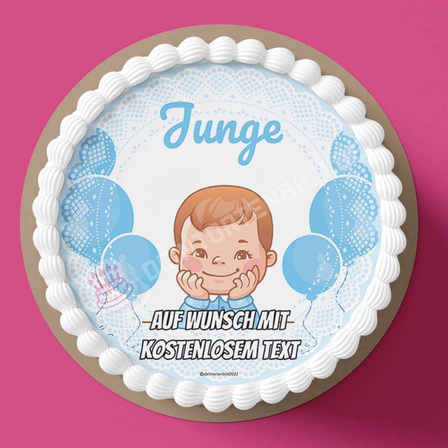 Motiv: Babyparty - Junge - Hochwertige und individuelle Tortenaufleger für jeden Anlass
Tortenaufleger Babyparty - Junge 20cm Kreis 
Dieser Tortenaufleger mit hellblauen Ballons, einen kleinen - Tortenbild - DeintortenbildBabyparty - Junge